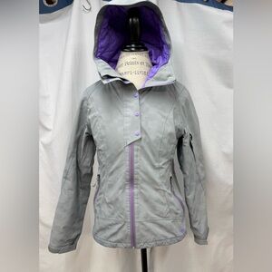 REI women’s small rain/wind jacket, quilted lining, gray/purple hooded